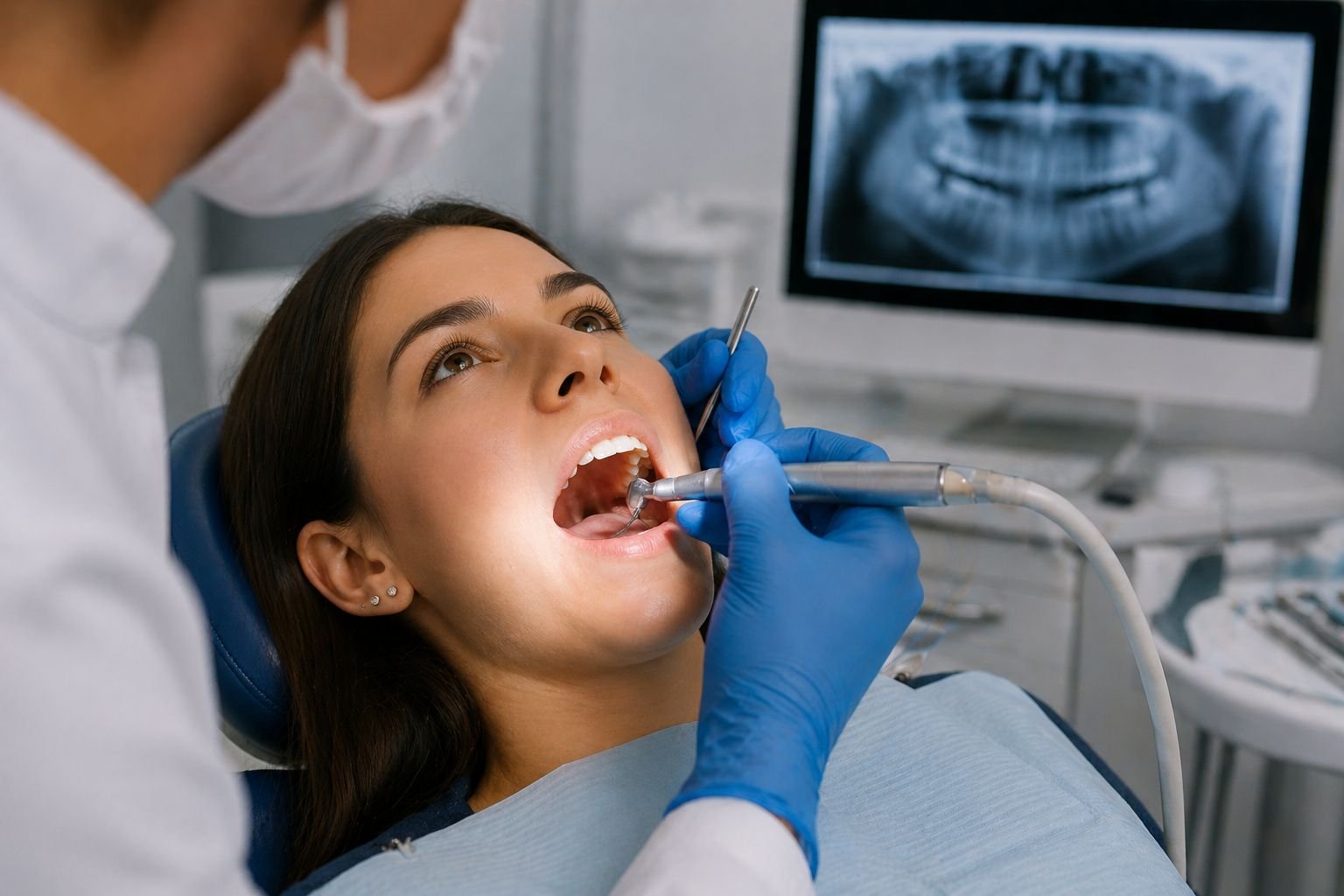 paciente realizando tratamento de canal em consultório odontológico moderno