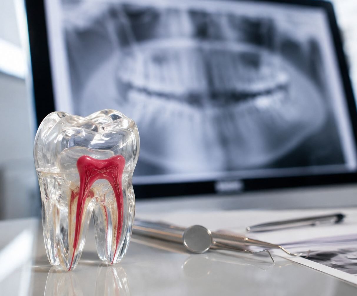 Modelo odontológico de dente com tratamento de canal ao lado de radiografia panorâmica em consultório odontológico moderno.
