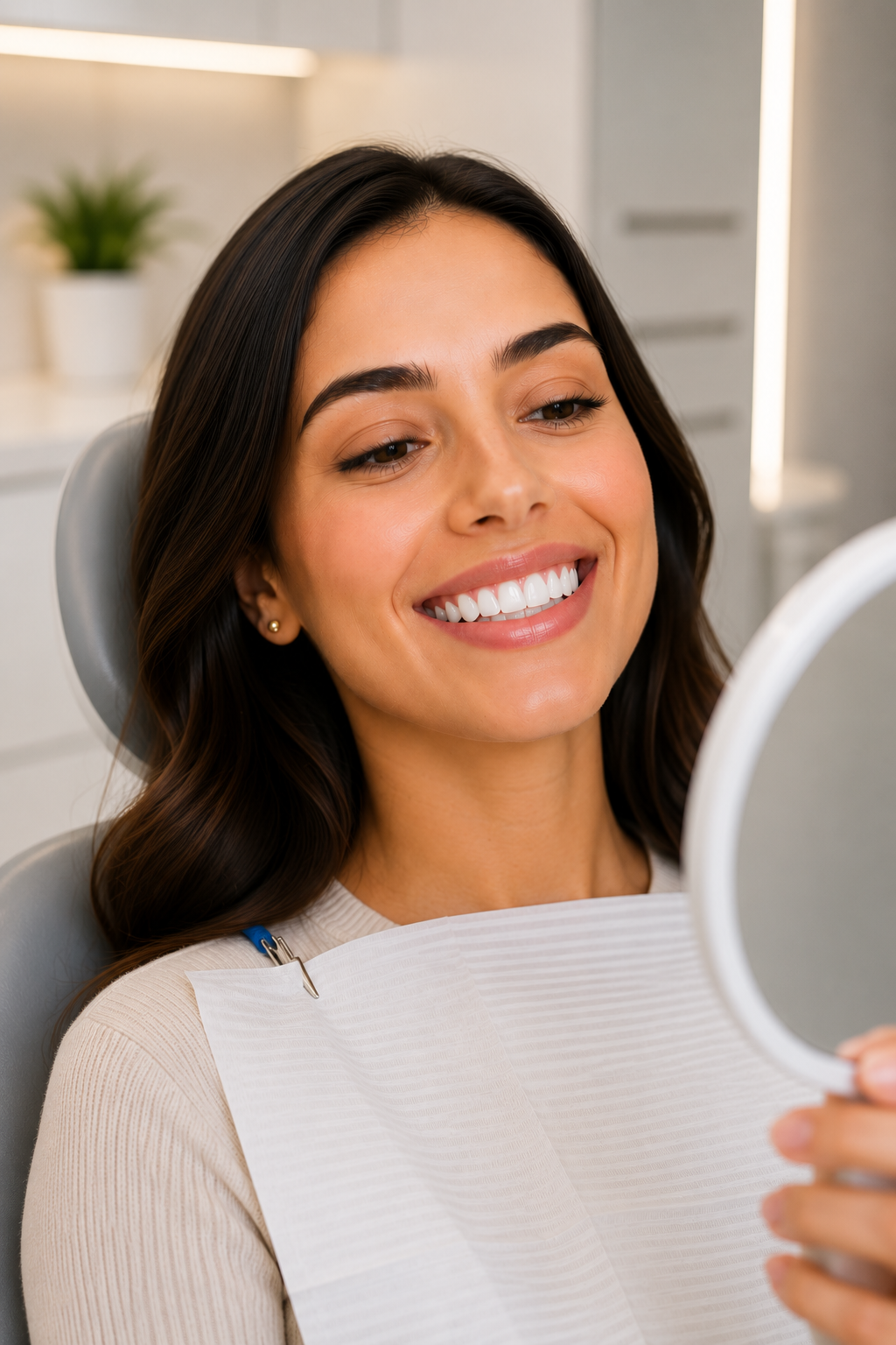 Paciente sorrindo após clareamento dental profissional em consultório odontológico, com resultado estético natural e dentes mais brancos.