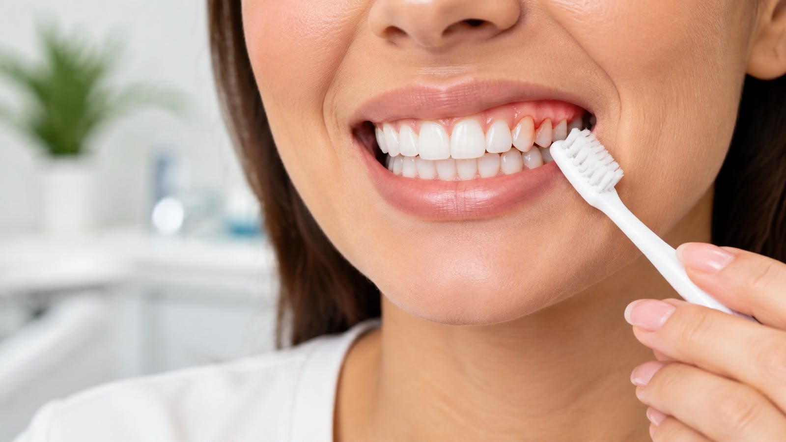 Mulher com sangramento na gengiva durante a escovação dos dentes