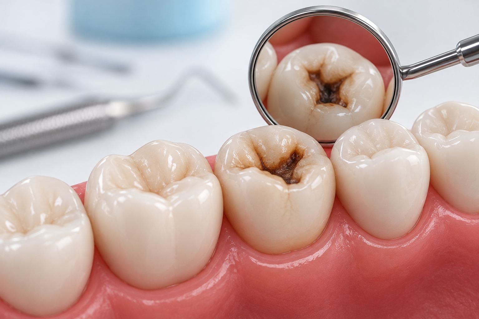 Cárie nos dentes mostrando lesão no molar, causas, tratamento e prevenção