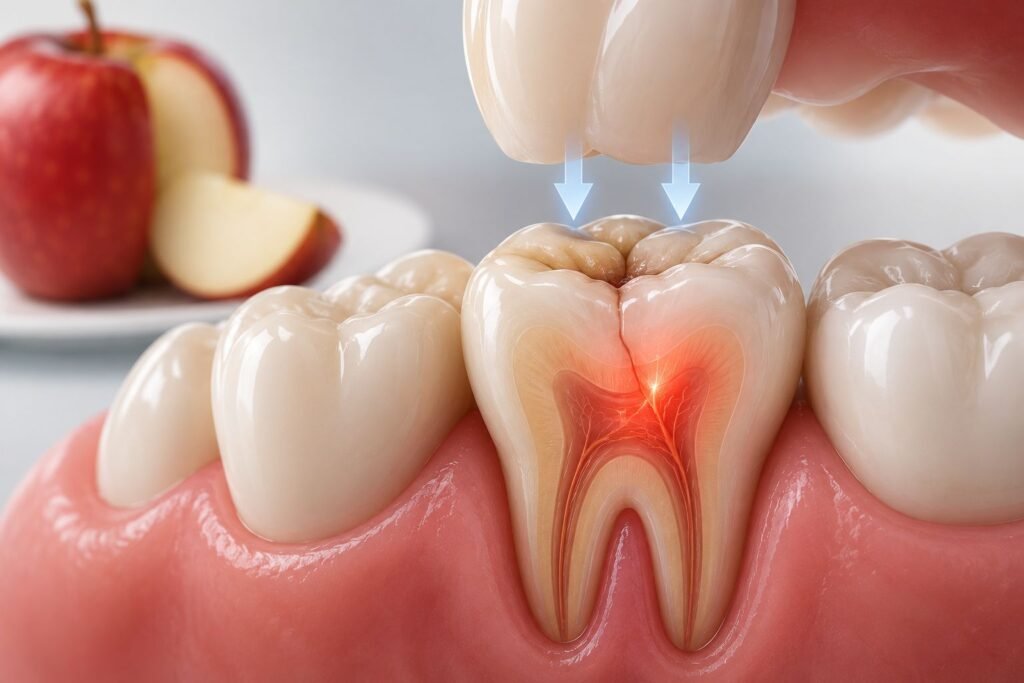 Dor no dente ao morder em Ji-Paraná com ilustração de dente sensível durante a mastigação